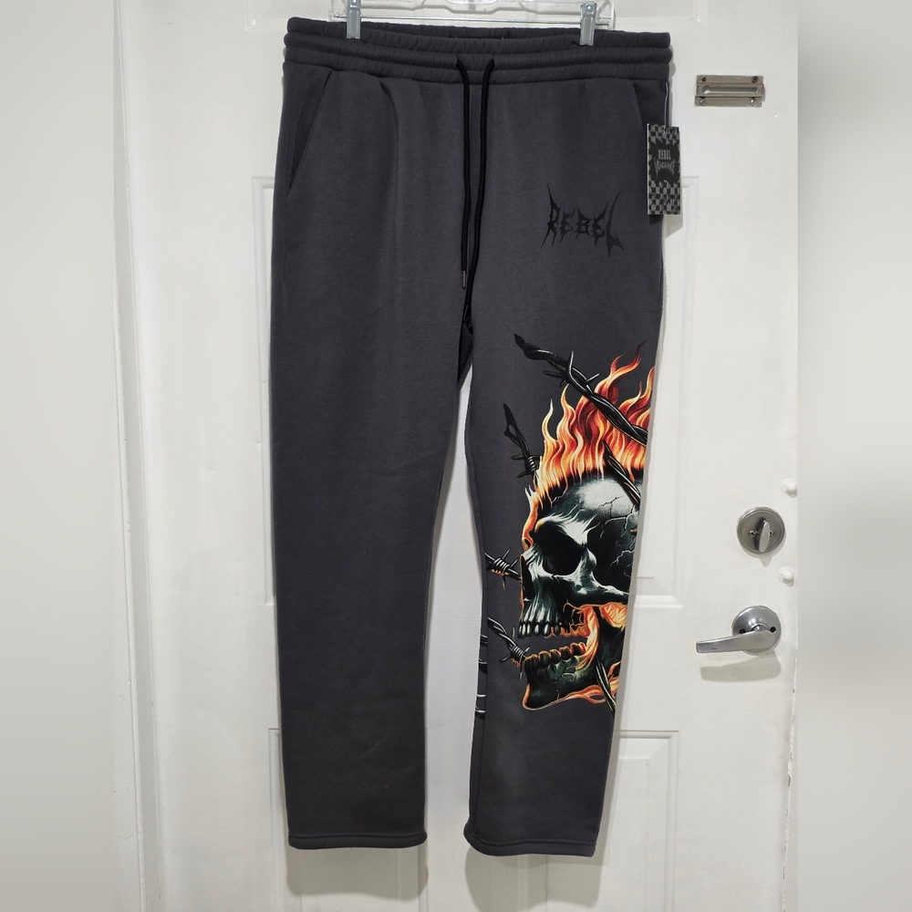 Rebel Vengeance Men's Fleece Sweatpants Flaming Skull Print Size 2XL
